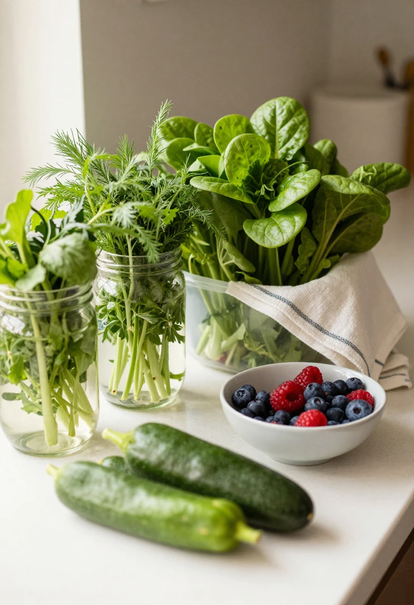 Fresh herbs, greens, berries, and vegetables stored properly to last longer.