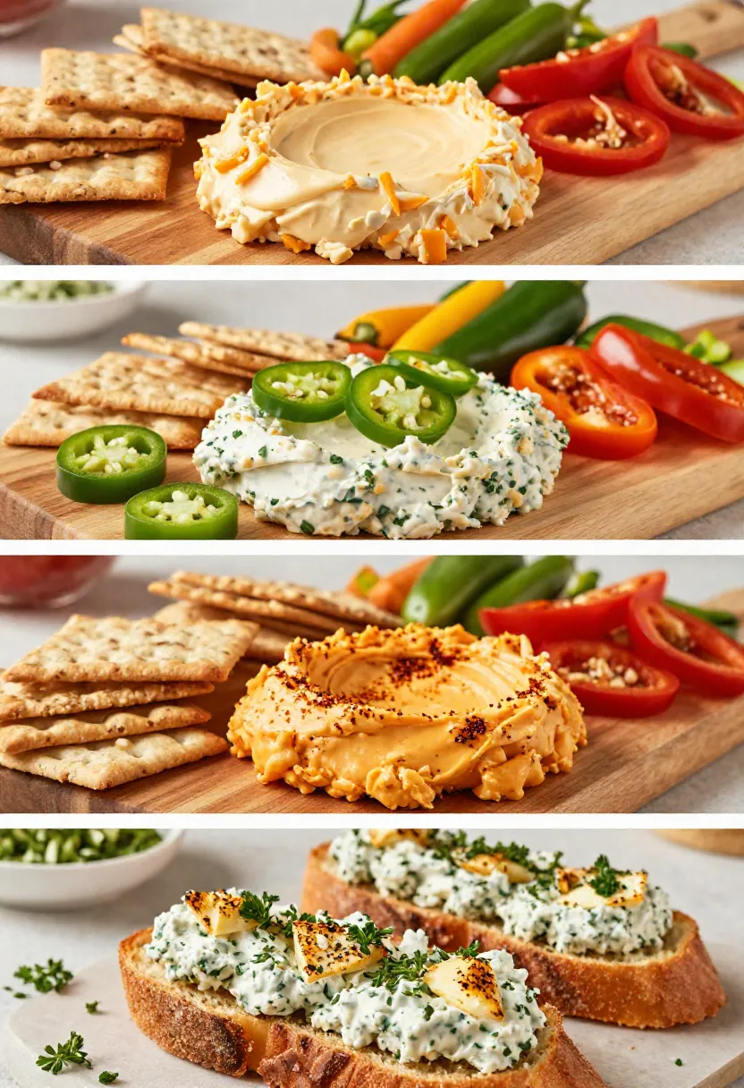 Four-scene collage featuring classic, jalapeño, smoked cheddar, and roasted garlic pimento cheese variations served with crackers and garnishes.