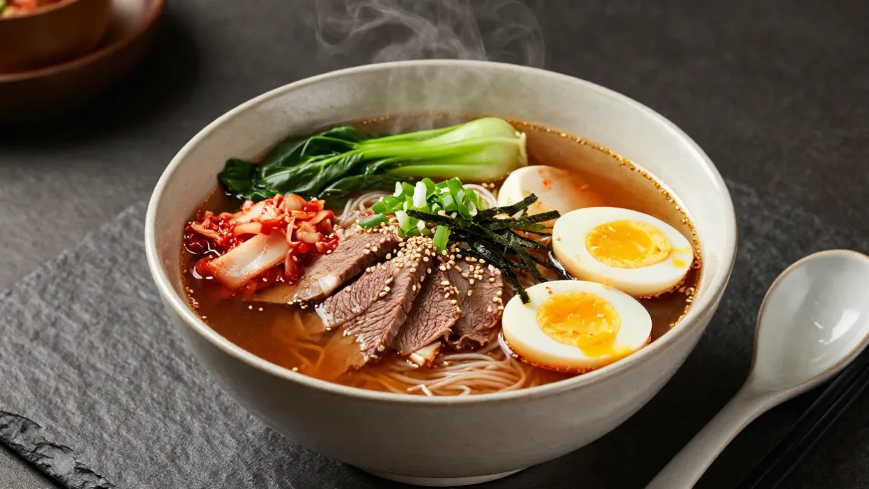 Kimchi beef noodle soup served with tender beef, noodles, kimchi, soft-boiled egg, and fresh garnishes.