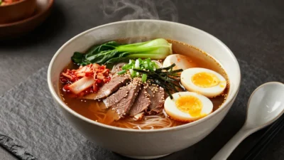 Kimchi beef noodle soup served with tender beef, noodles, kimchi, soft-boiled egg, and fresh garnishes.