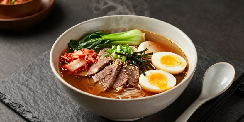 Kimchi beef noodle soup served with tender beef, noodles, kimchi, soft-boiled egg, and fresh garnishes.