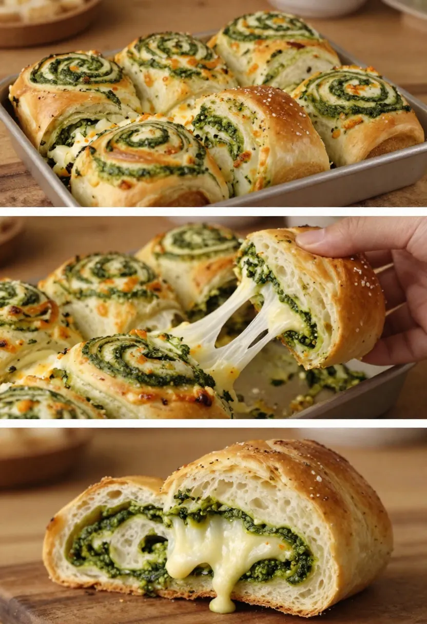 Tray of gooey spinach pesto cheese pinwheels fresh from the oven, with melted cheese stretching between them.