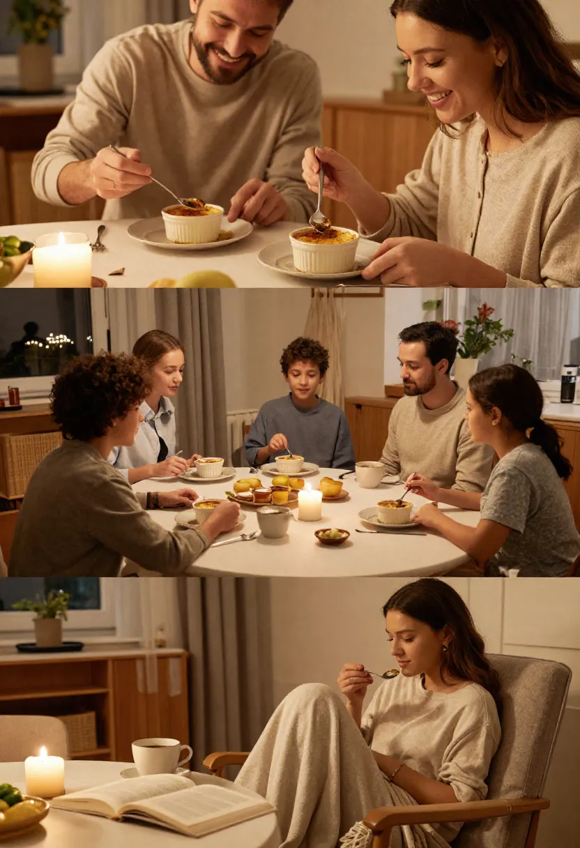 People enjoying homemade crème brûlée in cozy and inviting home settings.