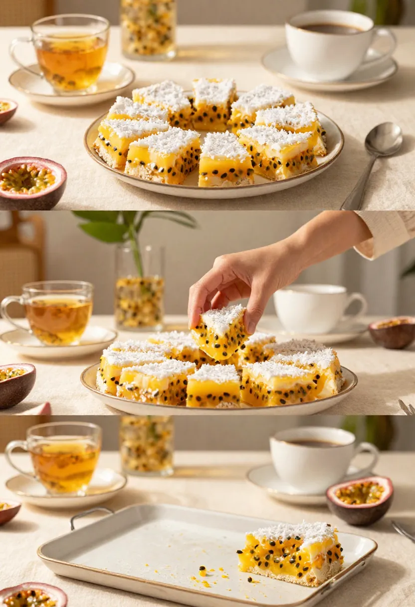 Collage of passionfruit coconut slice shared during a cozy afternoon gathering with tea and conversation.