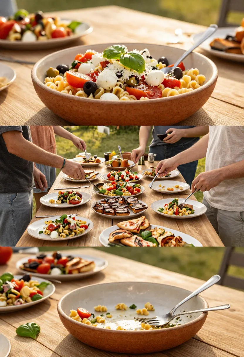Outdoor picnic or potluck scene with a long wooden table loaded with colorful pasta dishes, salads, and finger foods.