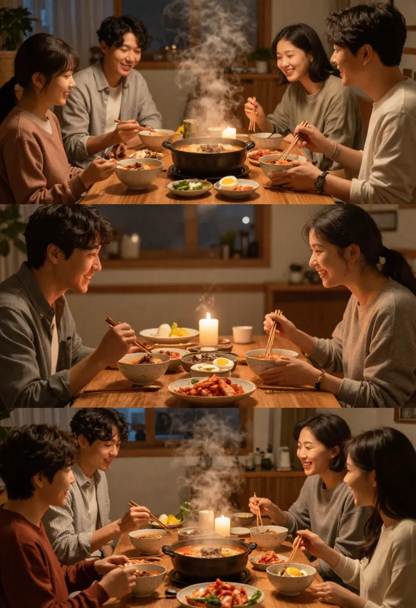 Family and friends enjoying homemade kimchi beef noodle soup together around a warm, cozy dinner table.