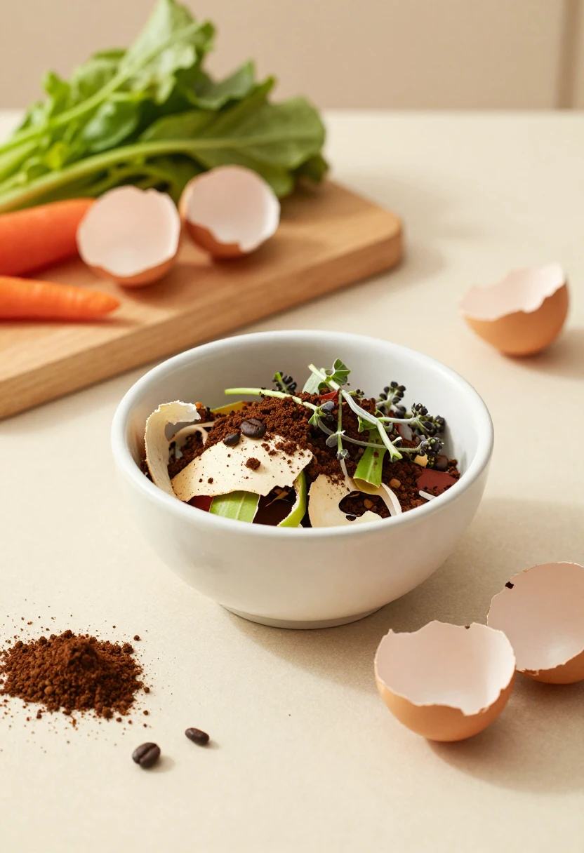 Kitchen compost bowl with vegetable scraps, coffee grounds, eggshells, and herb stems.