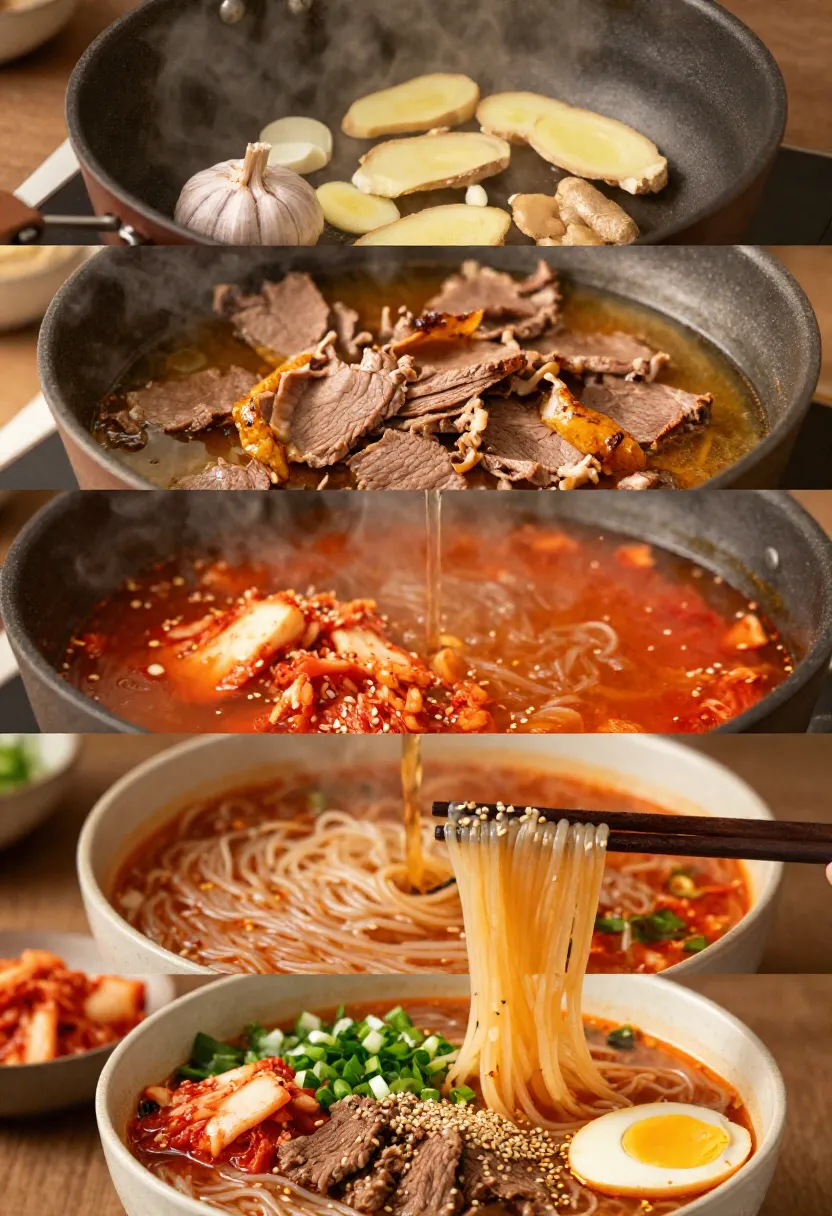 Step-by-step collage of spicy beef ramen: aromatics sautéed, beef simmering, kimchi stew, noodles streamed, and a final bowl with beef, egg and scallions.