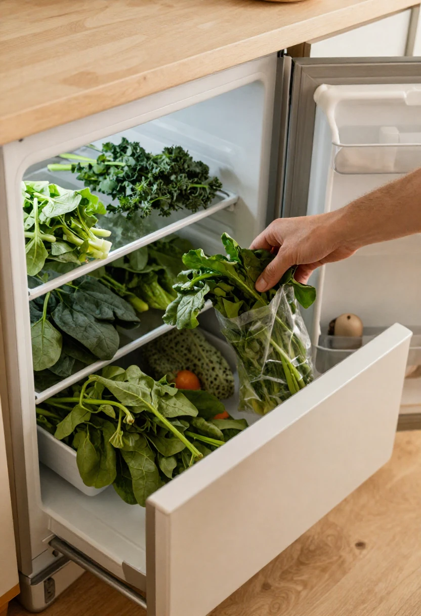Leafy greens stored in a fridge drawer for everyday healthy meals.