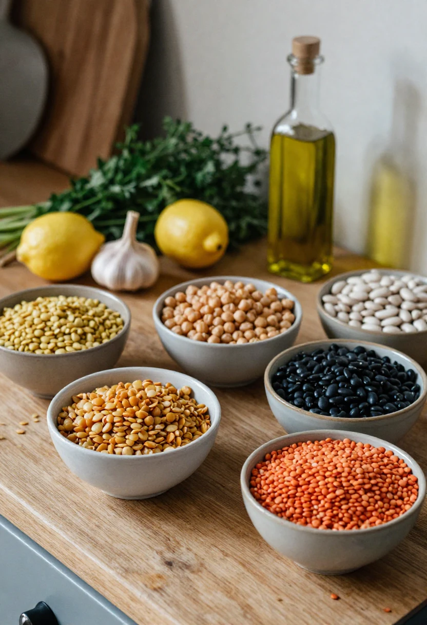 Bowls of lentils, chickpeas, black beans, and white beans with herbs, lemon, garlic, and olive oil.
