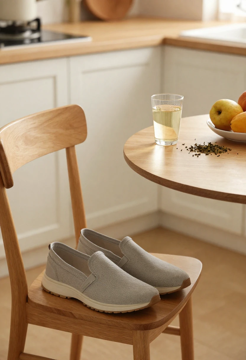 Grey slip-on shoes rest on a wooden chair at a round table in a bright kitchen, with a glass of pale drink and a bowl of fruit nearby.