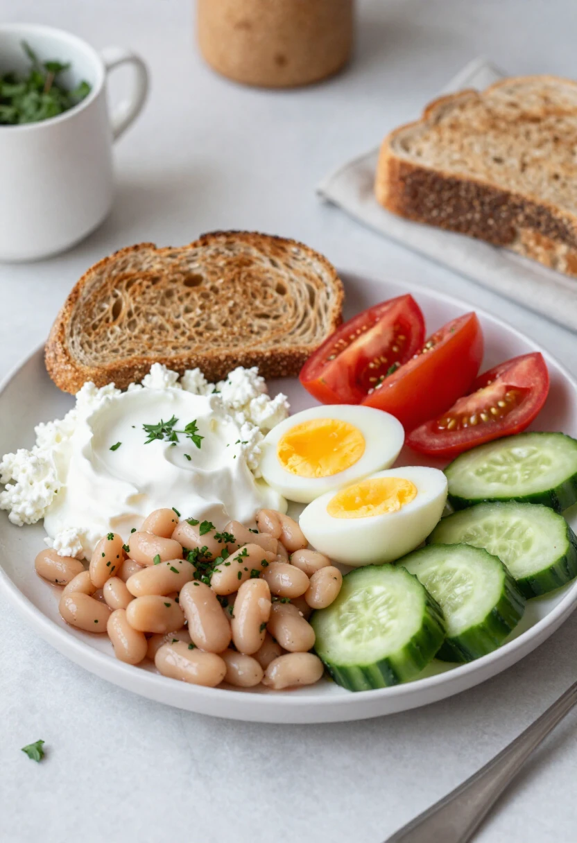 Plate with white beans, crumbled feta, hard-boiled egg halves, tomato wedges, cucumber slices, and toasted bread.