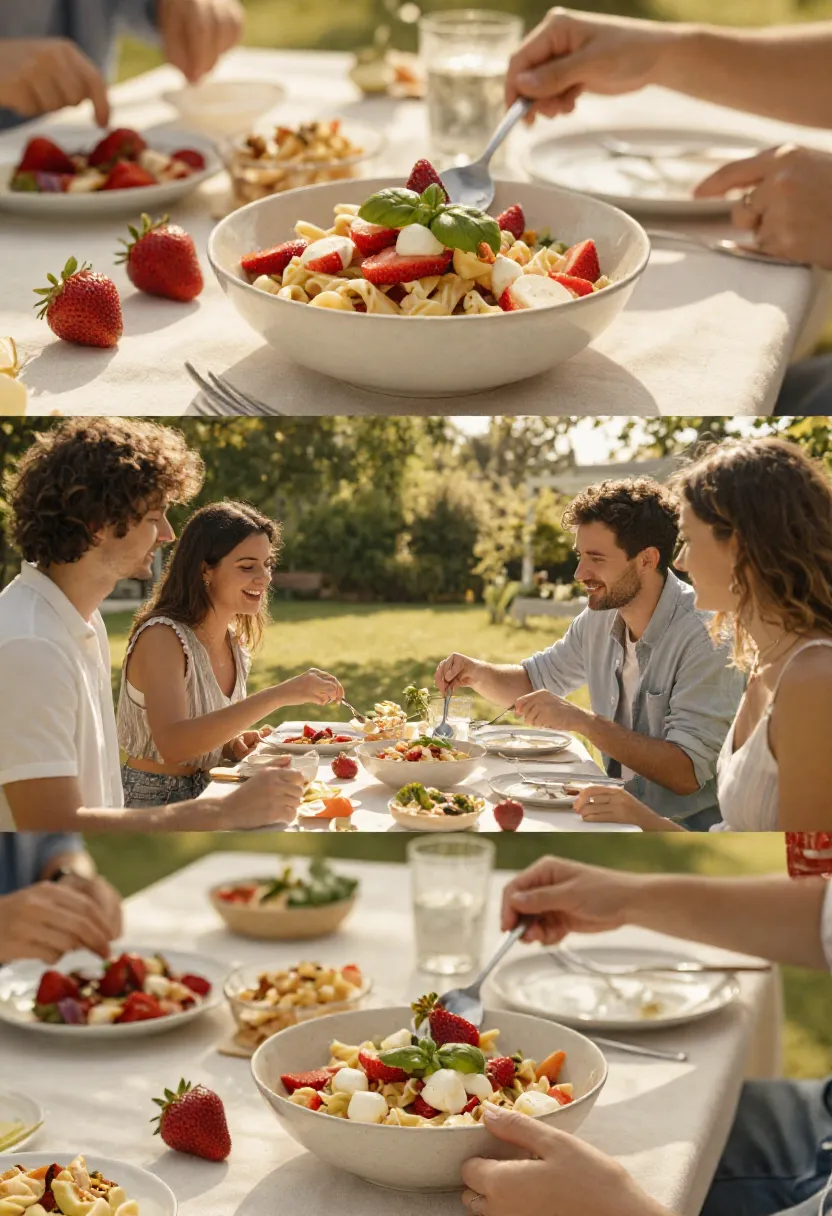 Lifestyle collage showing strawberry caprese pasta salad as part of summer gatherings, shared meals, and seasonal food traditions.