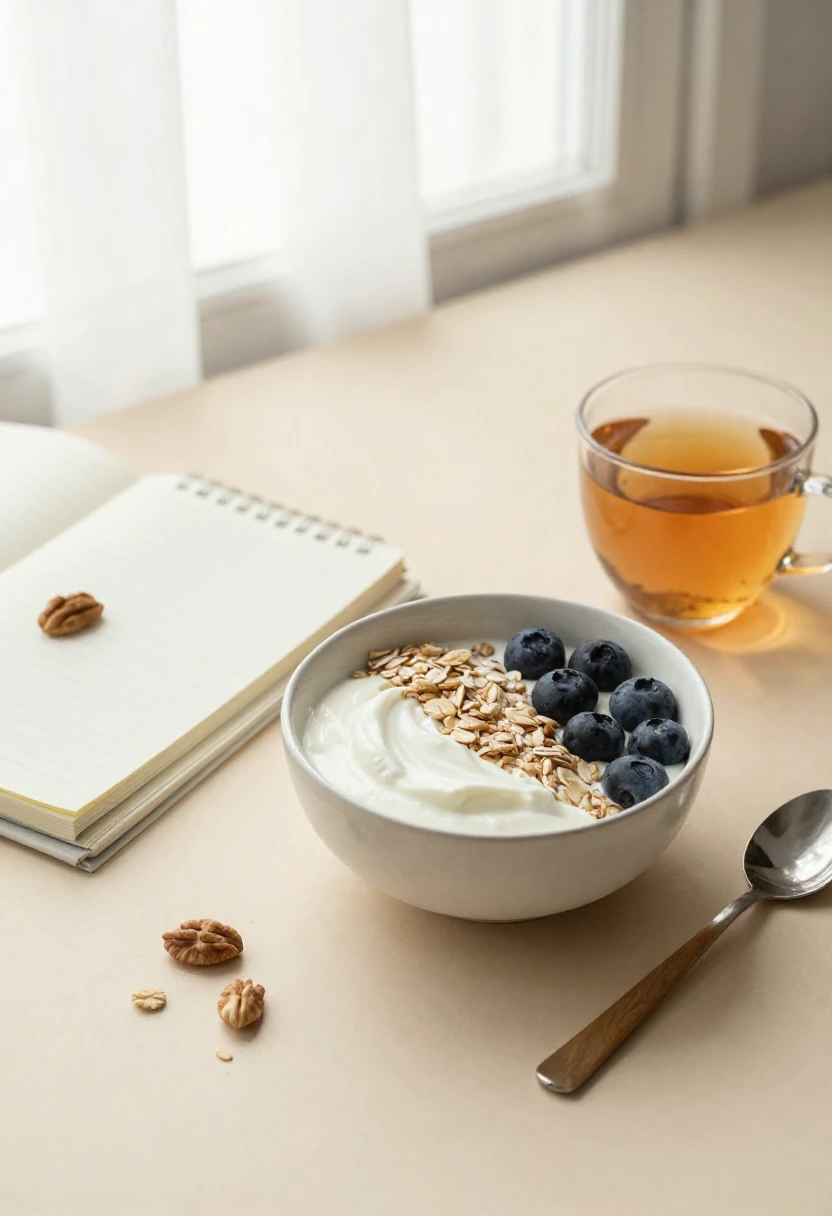 Breakfast scene: bowl of yogurt with granola and blueberries on a pale table, with a cup of tea and a notebook nearby.