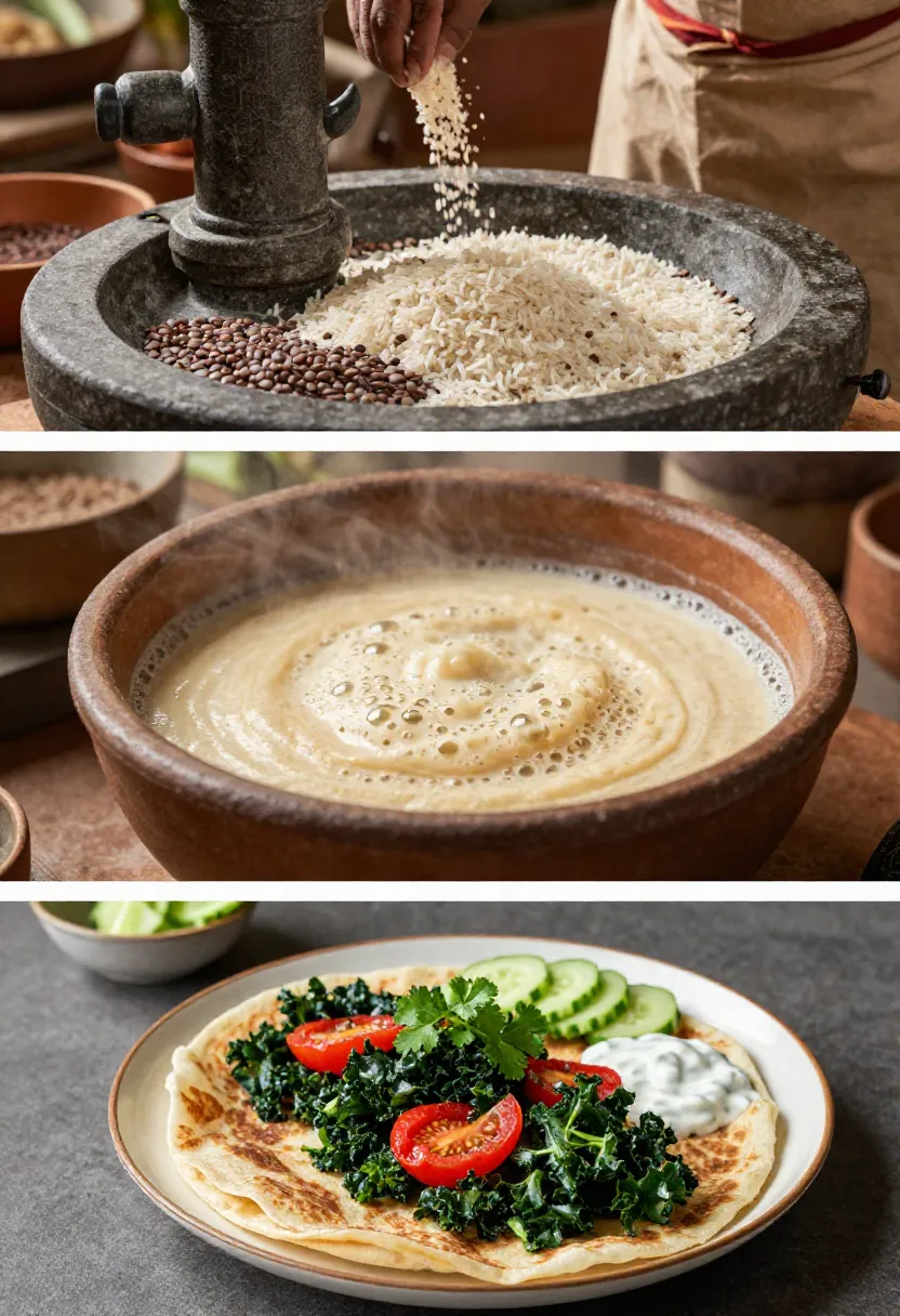 Top panel: hands sprinkling rice into a stone mill with a side of lentils nearby