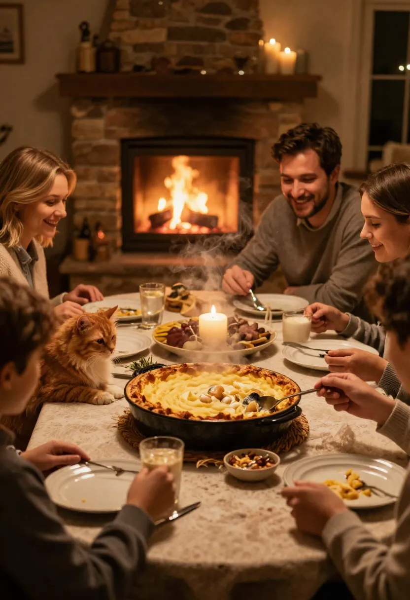 Family and friends enjoying fish pie around a cozy table with a cat nearby and a warm fireplace glowing in the background.