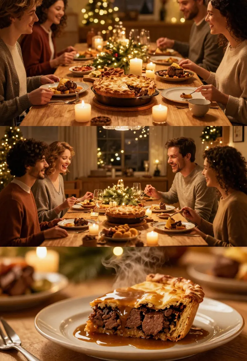 Warm festive collage featuring steak pie, candlelit dining, and joyful family gathering.