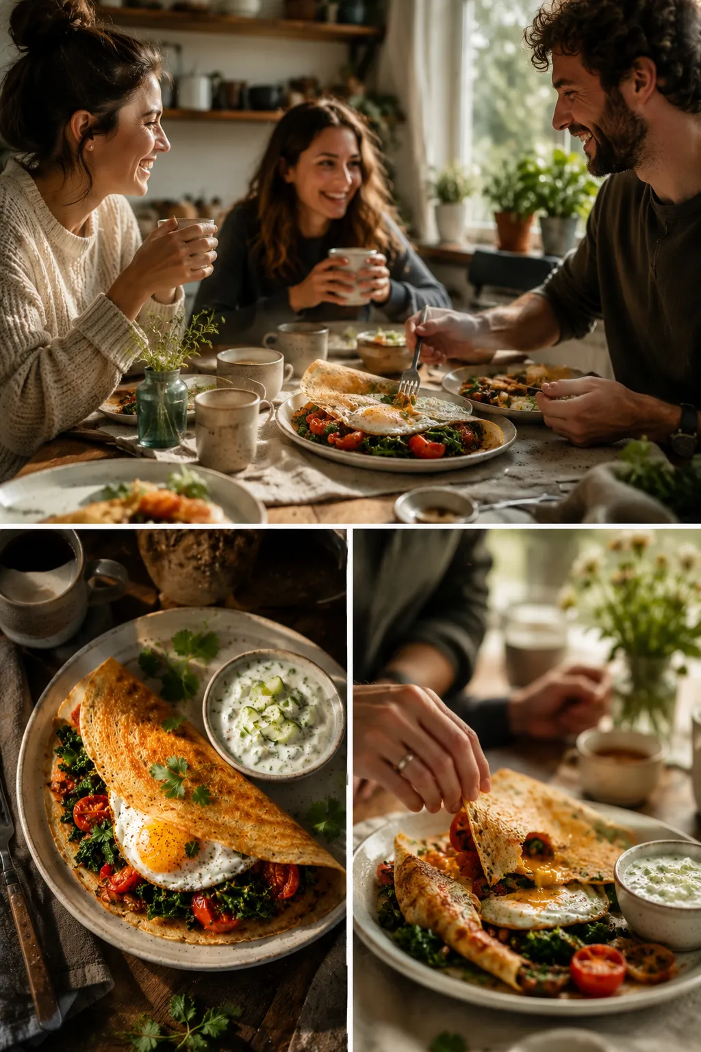People sharing dosa and conversation during a cozy brunch gathering.