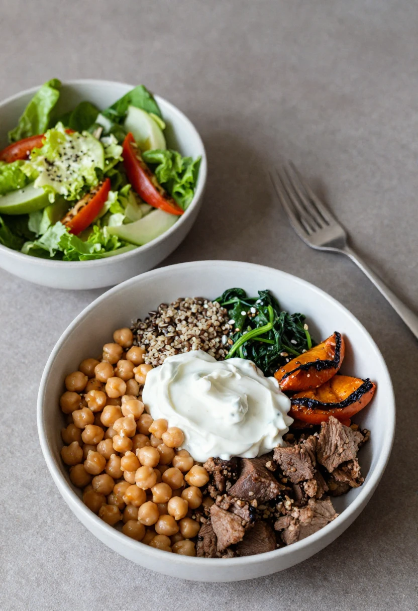 Comparison of a plain vegetable salad and a fuller meatless protein bowl with chickpeas, quinoa, seeds, and tahini dressing.