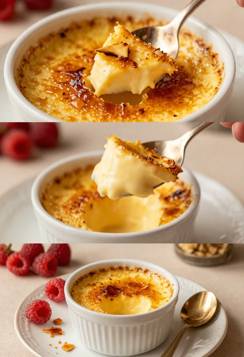 Three-frame collage showing the caramelized sugar crust and creamy vanilla custard of classic crème brûlée.