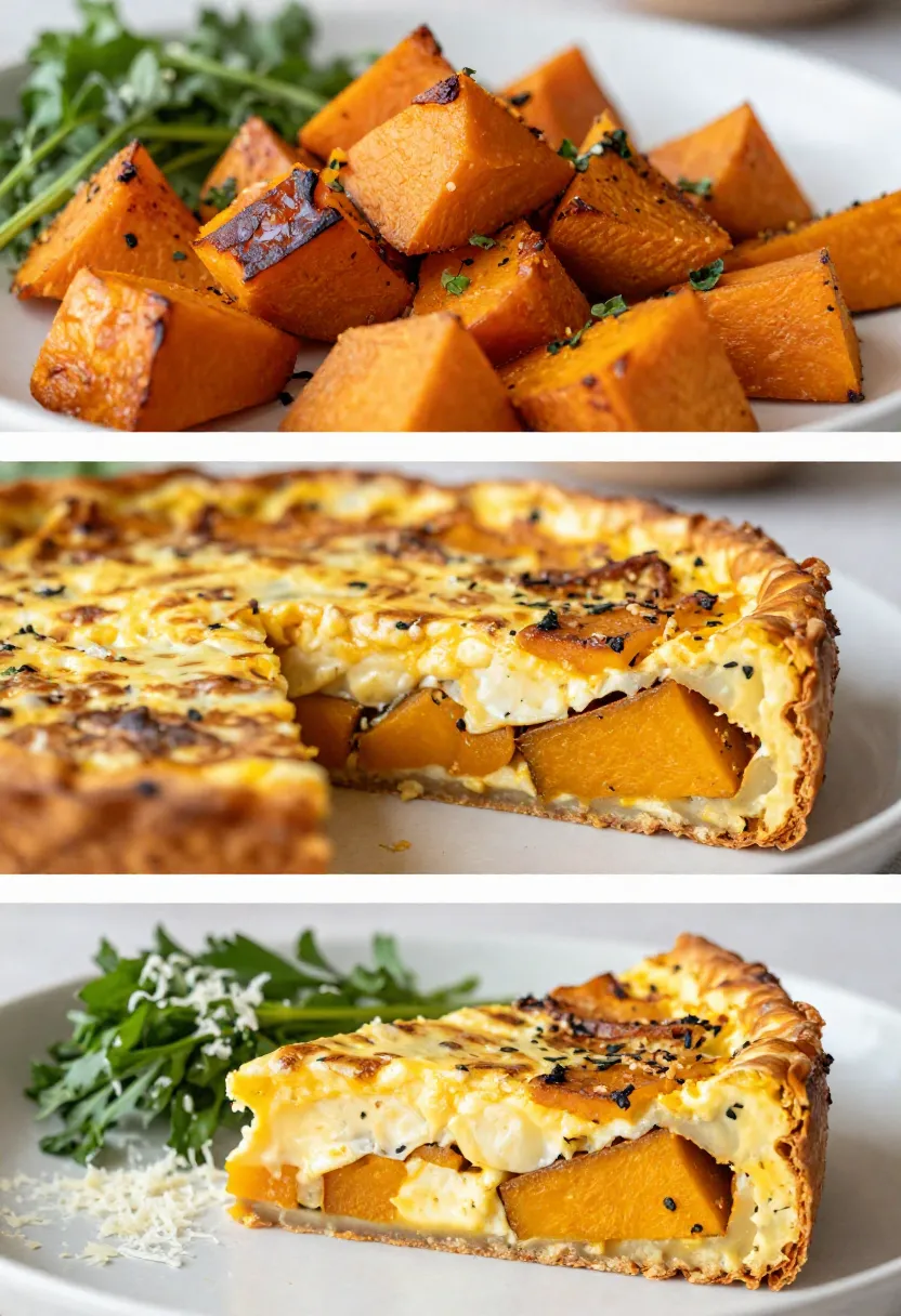 Collage of roasted sweet potato cubes, a cheesy quiche with sweet potato pieces, and a plate with greens garnish.
