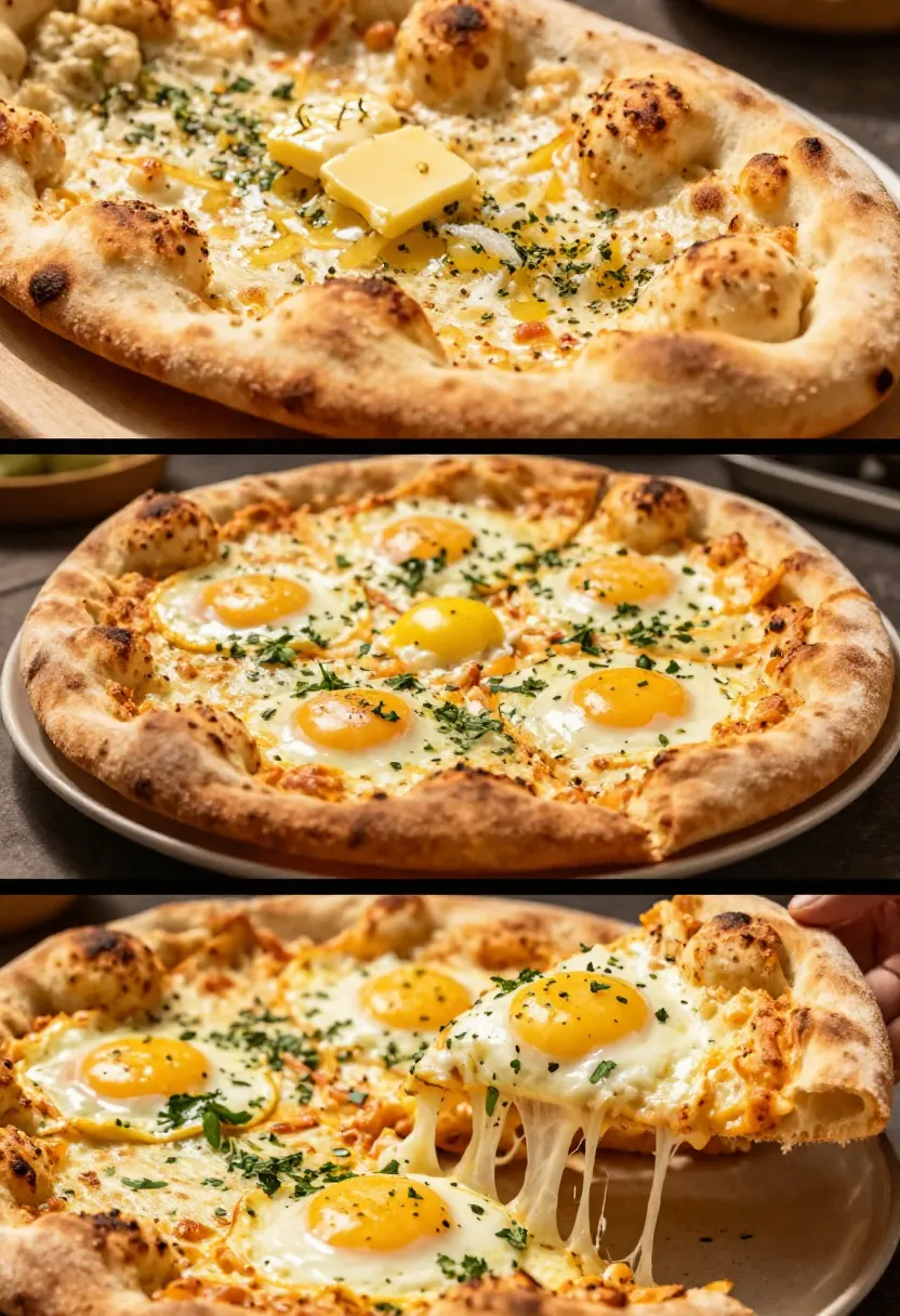 Collage showing garlic naan as the flavorful and crispy foundation of a cheesy breakfast pizza with eggs and herbs.