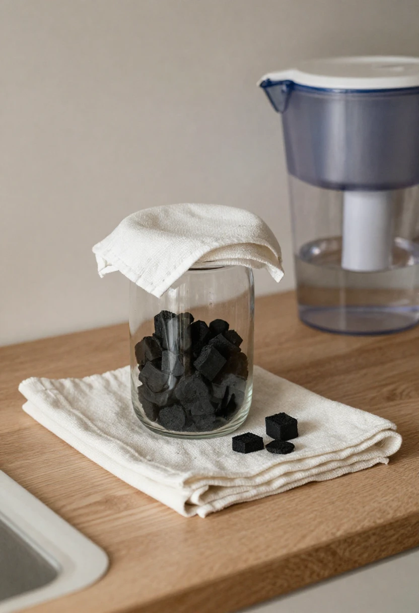 Natural and household water filtering tools arranged on a kitchen counter