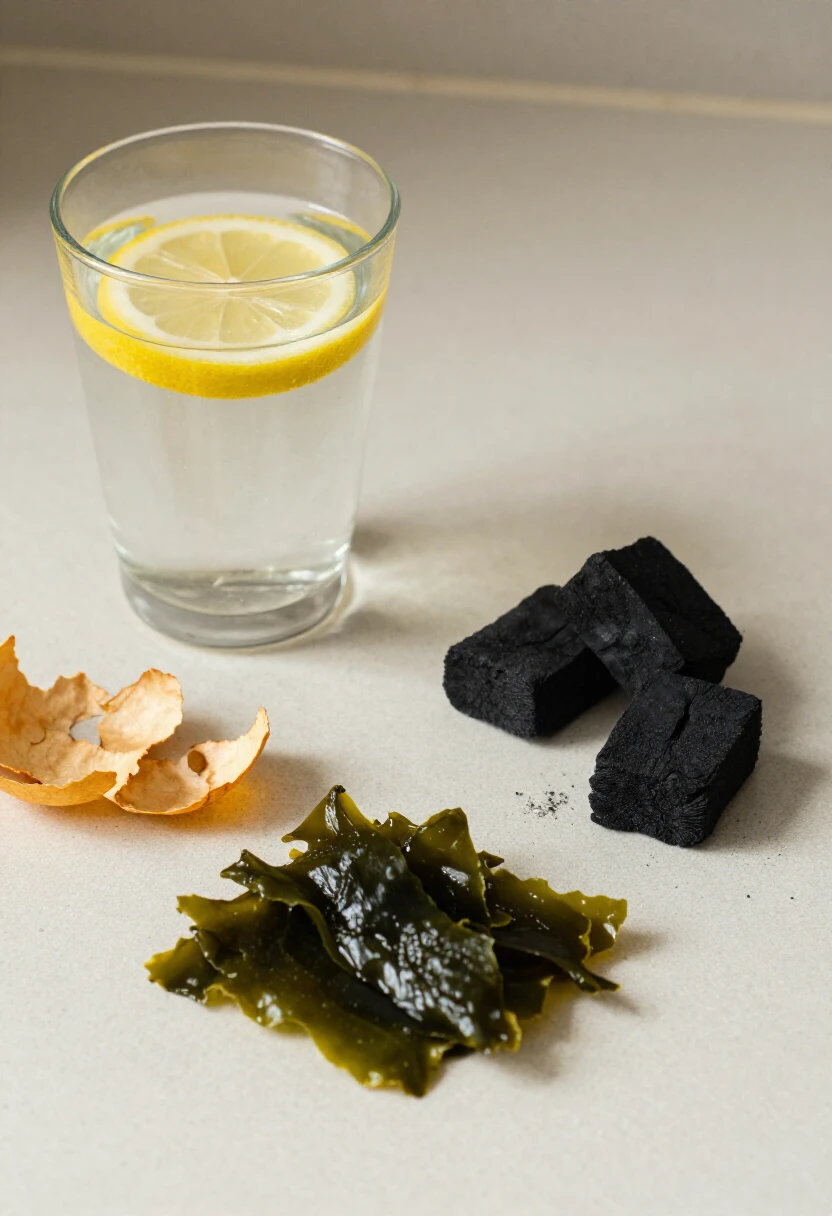 Lemon, fruit peels, seaweed, and charcoal shown as natural water methods that need caution