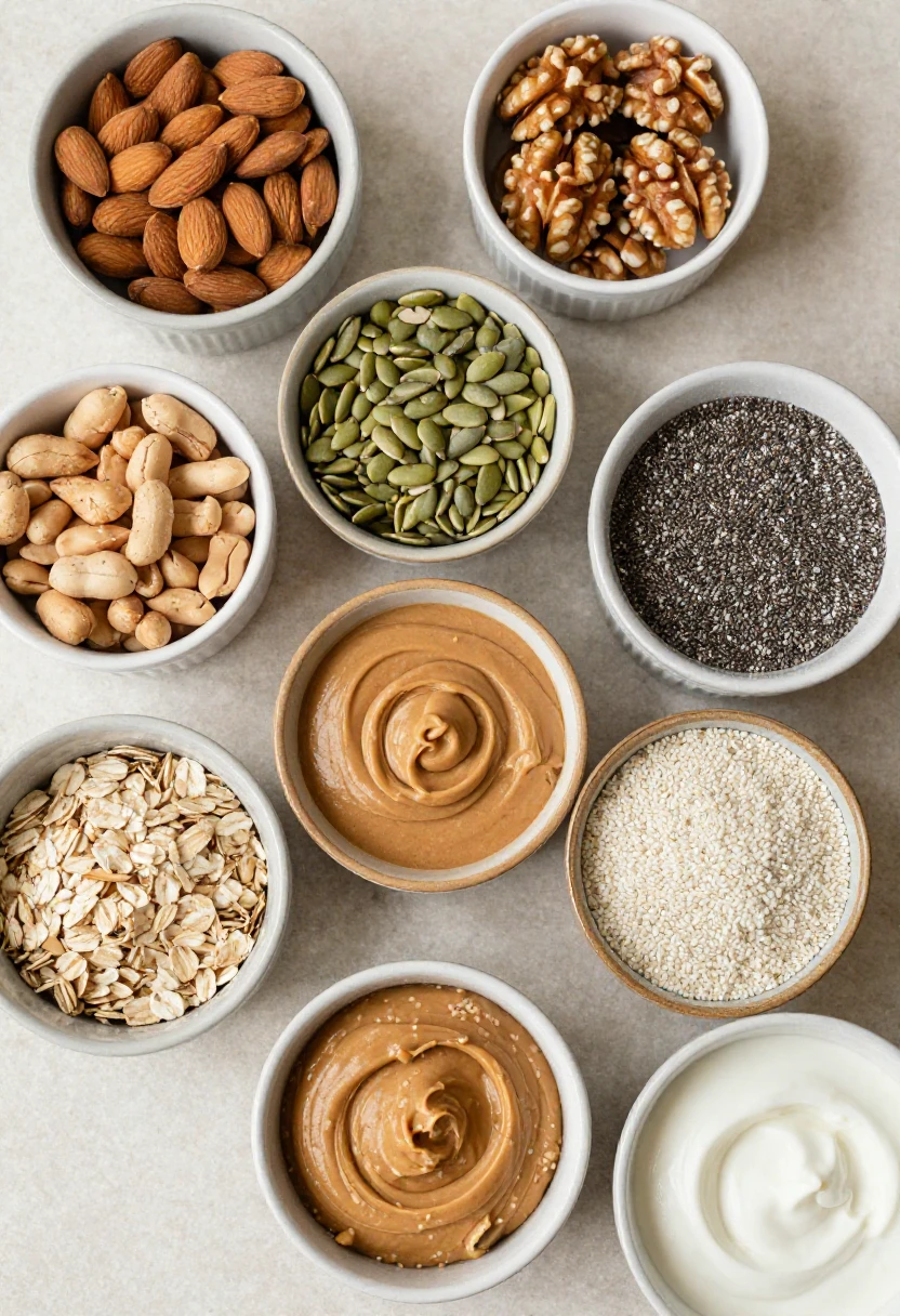Nuts, seeds, peanut butter, tahini, oatmeal, and yogurt arranged as meatless protein additions.