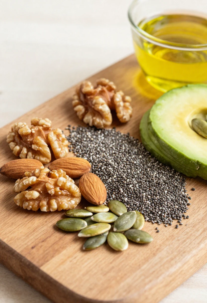 Nuts, seeds, avocado, and olive oil as healthy fats for skin comfort.