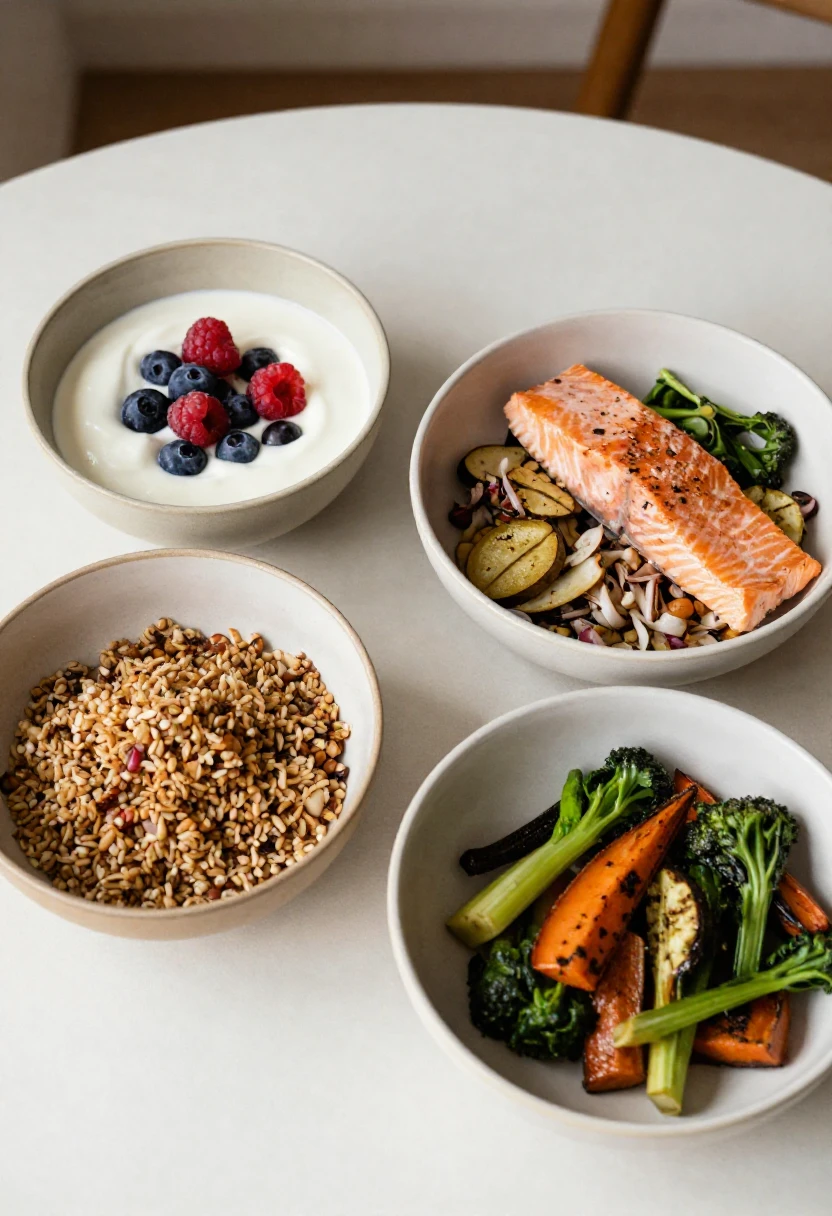 One-day skin-friendly meal idea with yogurt, berries, salmon, grains, greens, and roasted vegetables.