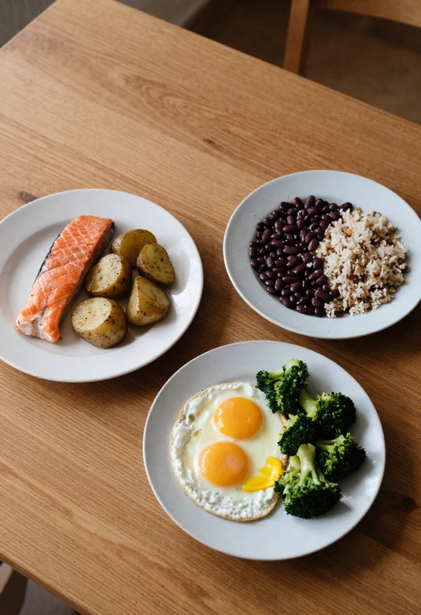 Three different balanced meals on a wooden table showing that healthy eating is not one-size-fits-all.