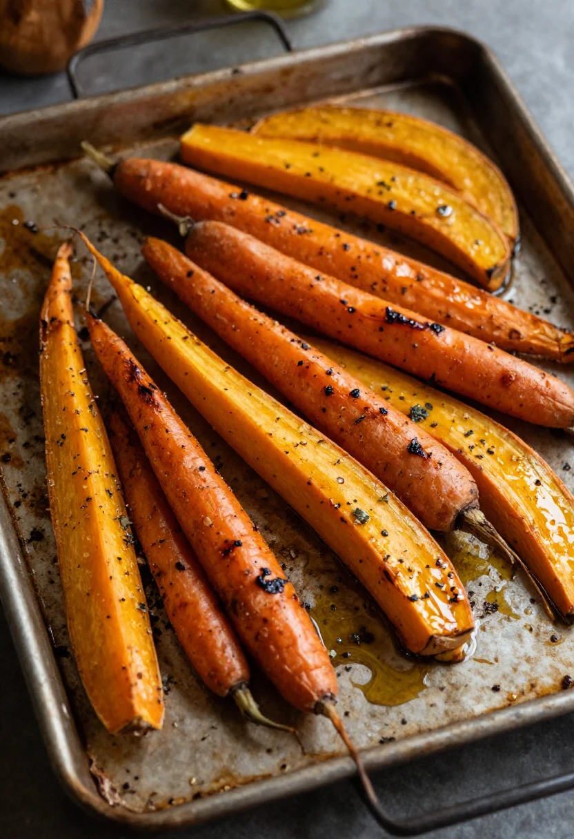 Roasted orange vegetables rich in beta-carotene for healthy-looking skin.