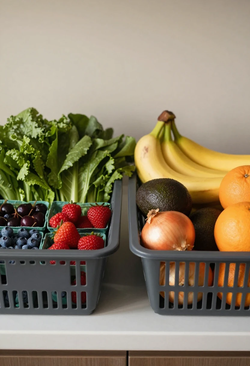 Two gray baskets of fresh produce on a white kitchen counter: greens and berries in the left basket; bananas, avocados, onions, and oranges in the right basket.