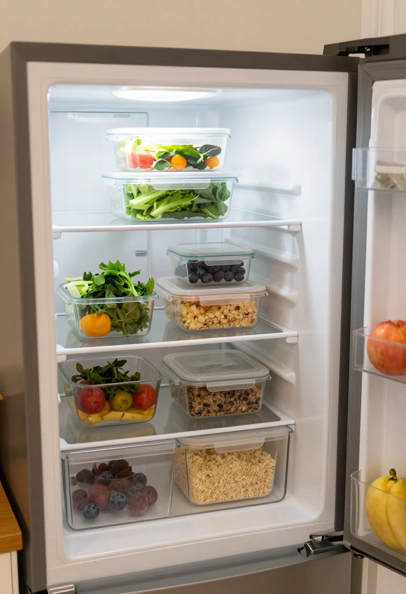 Organized fridge with clear containers and fresh food stored to reduce kitchen waste.