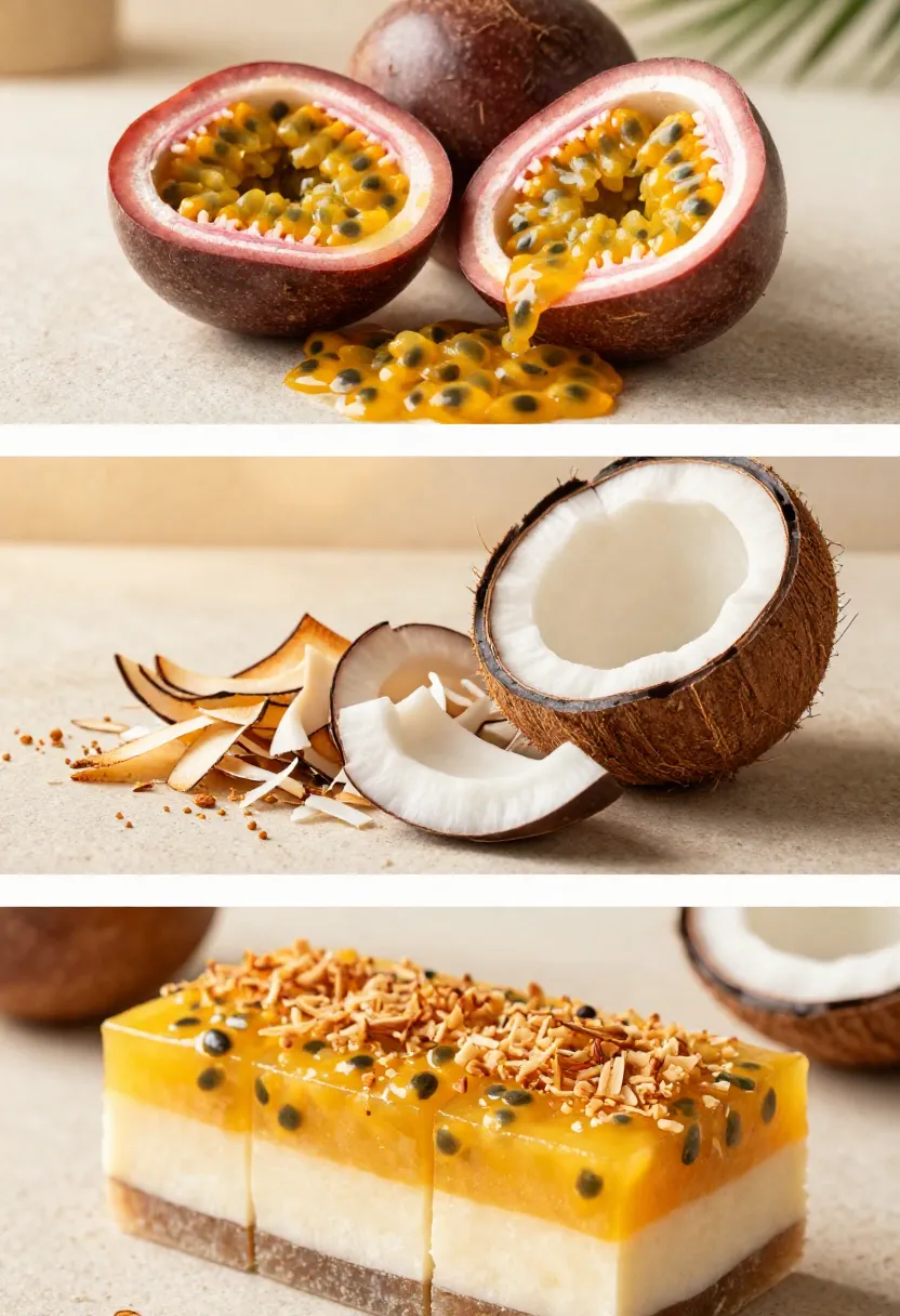 Collage showing passionfruit, coconut, and layered passionfruit coconut slice with tropical flavors and textures.