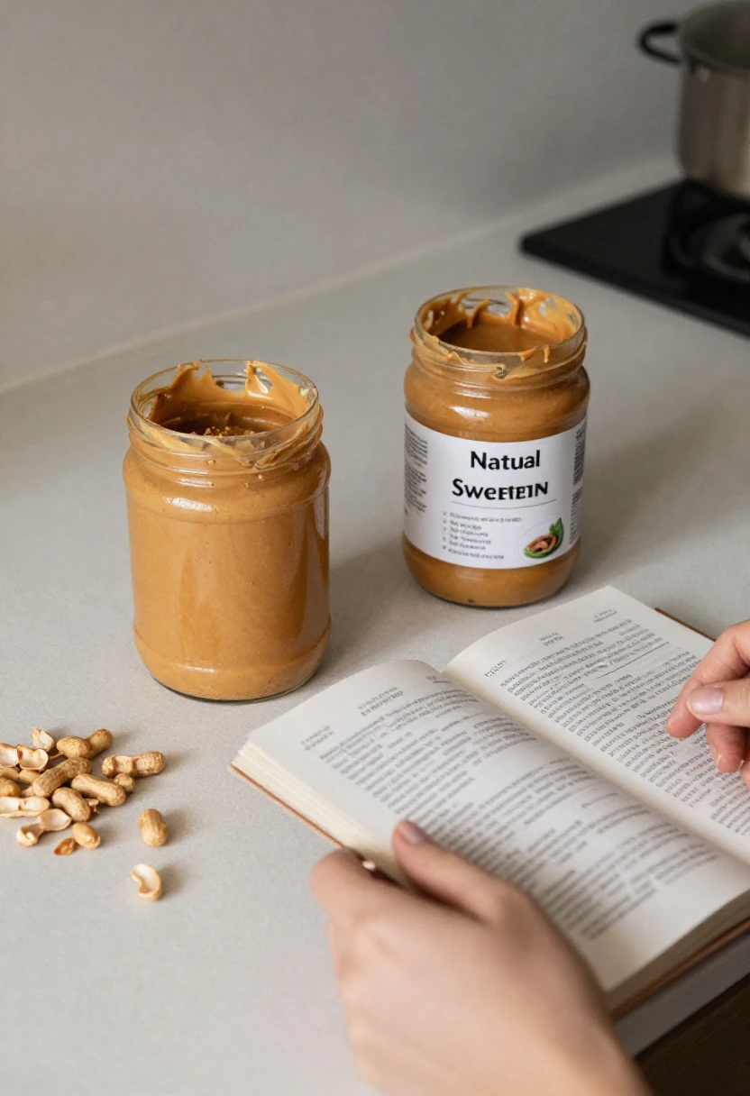 Person checking peanut butter label to compare added sugar, salt, and ingredients.