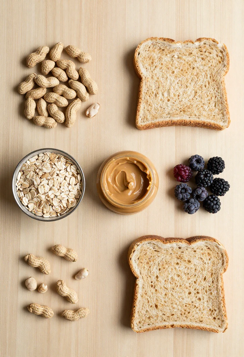 Top-down view of a breakfast spread: peanut butter, two slices of toast, oats, peanuts, and assorted berries on a wooden surface as a snack setup.