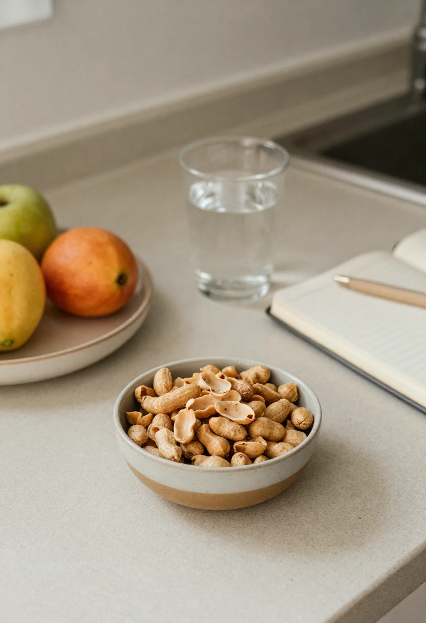 Measured portion of roasted peanuts with fruit for a mindful weight management snack.