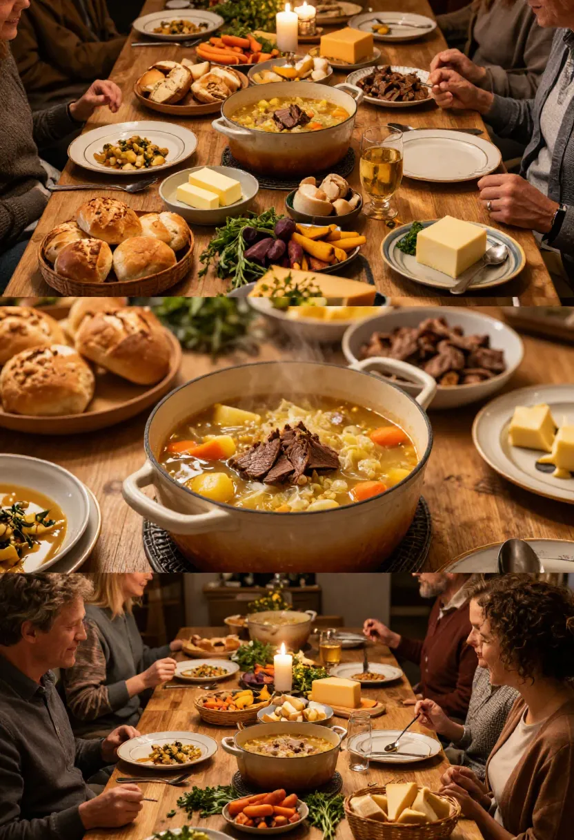 Abundant family-style corned beef and cabbage soup dinner with artisan bread, cheese, vegetables, and a warm gathering atmosphere.
