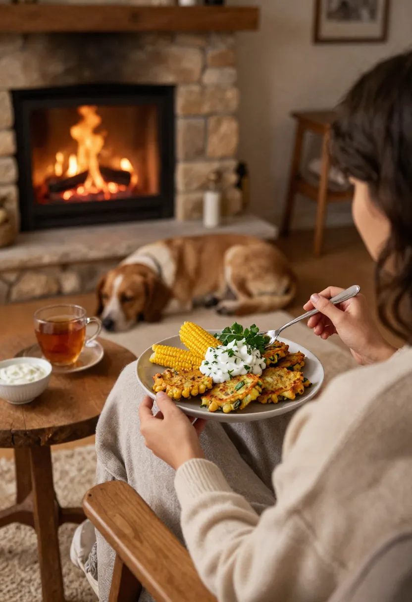 Person enjoying corn and zucchini fritters beside a fireplace with a dog resting nearby in a cozy living room.