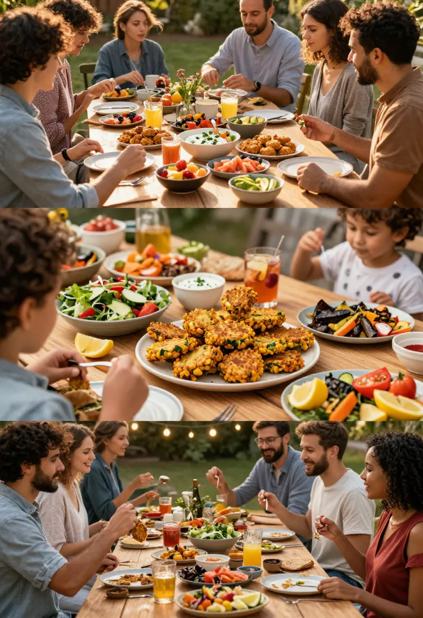 Three-frame collage showing corn and zucchini fritters shared at brunch, outdoor lunch, and relaxed evening gatherings with friends and family.