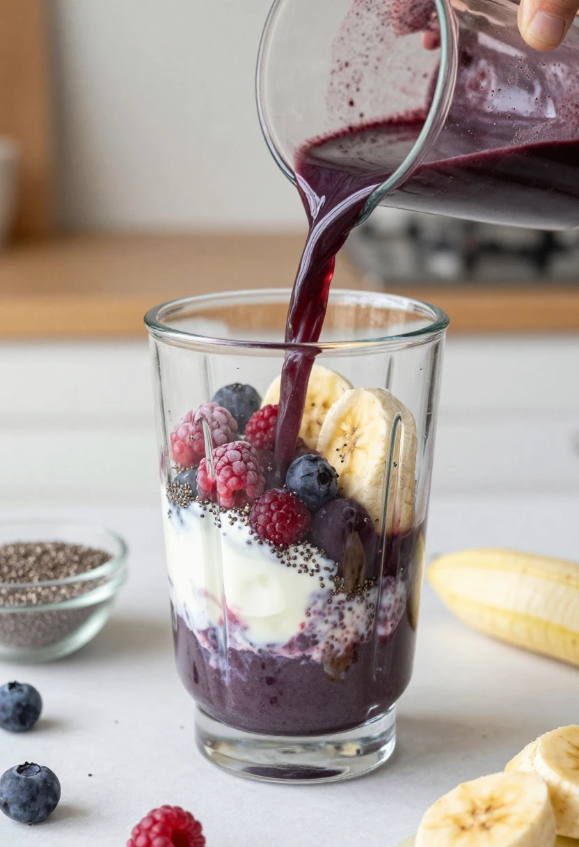 Acai juice poured into a blender with berries, banana, Greek yogurt, and chia seeds.