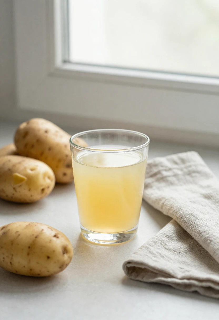 Glass of pale potato juice on a kitchen counter beside several potatoes and a folded linen cloth by a window.