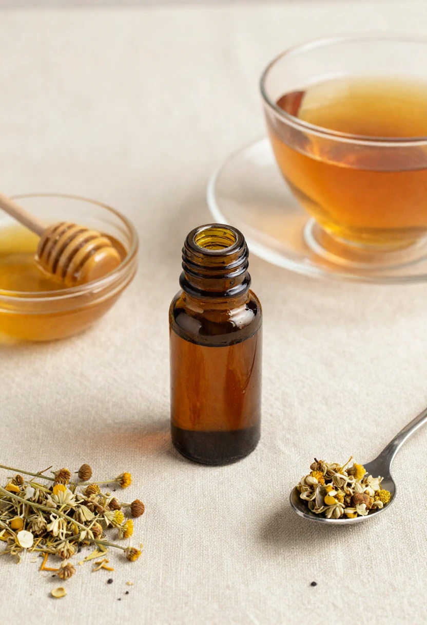 Propolis drops with honey, herbs, and tea on a soft linen table setting.