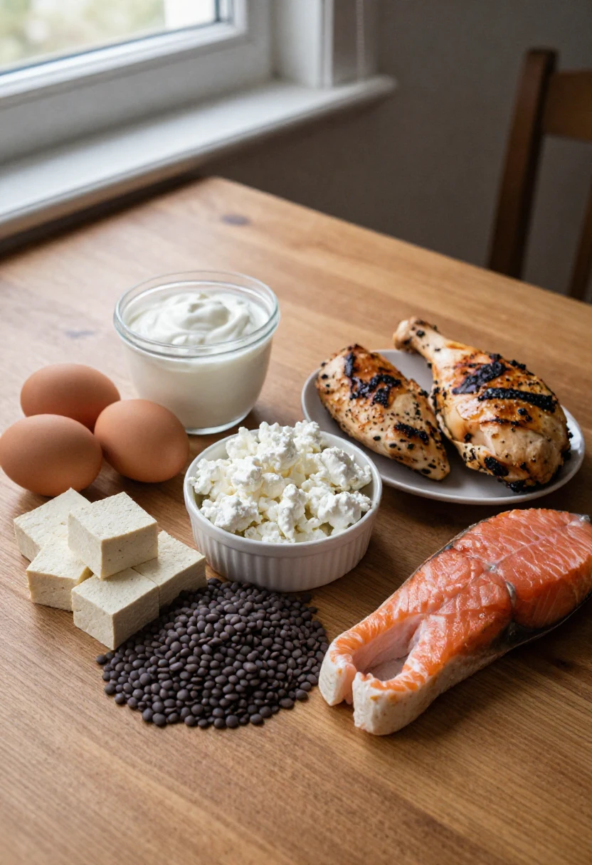 Assorted protein foods on a wooden table: salmon, grilled chicken, eggs, yogurt, cottage cheese, tofu, and lentils.