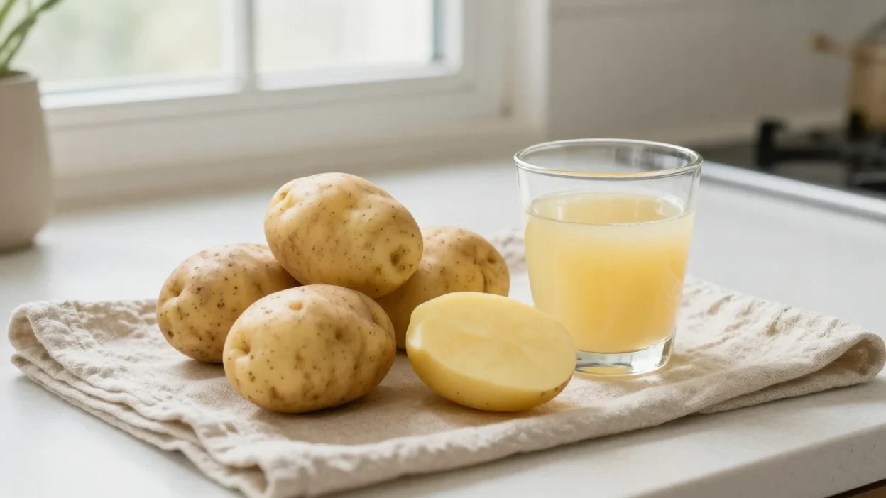 Fresh potatoes and a small glass of raw potato juice on a cozy kitchen counter.