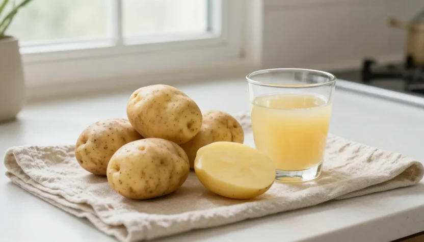 Fresh potatoes and a small glass of raw potato juice on a cozy kitchen counter.