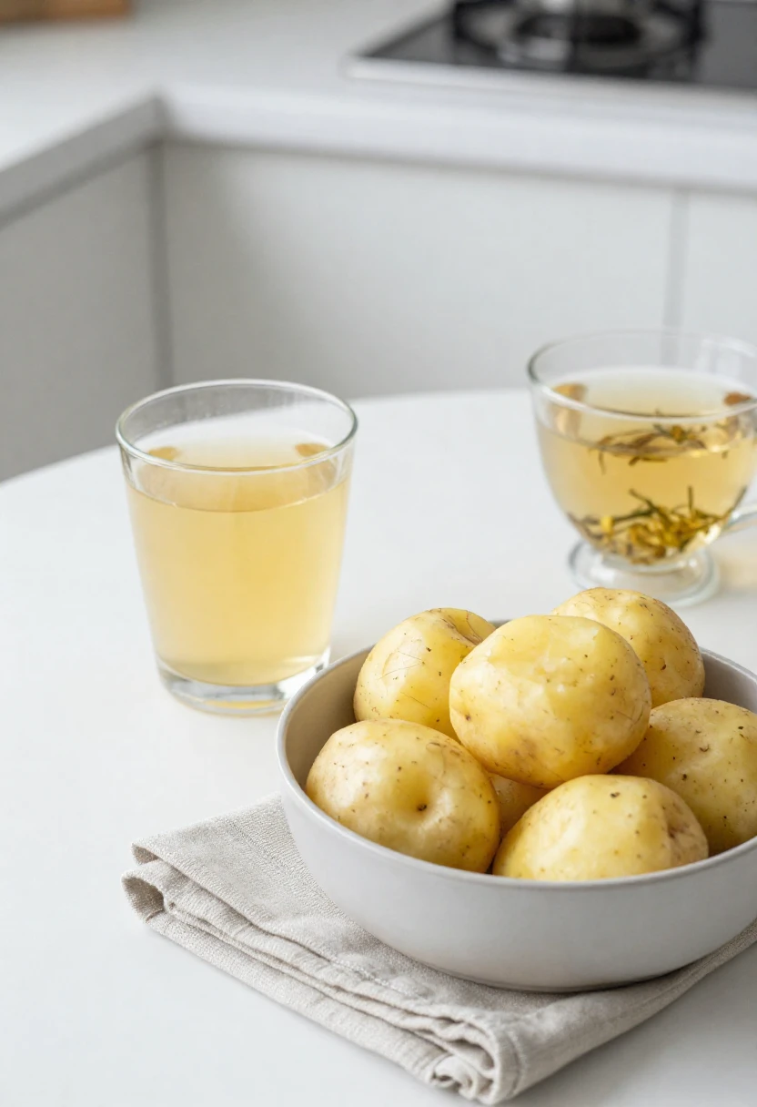 Diluted potato juice with simple stomach-friendly foods on a bright kitchen table.