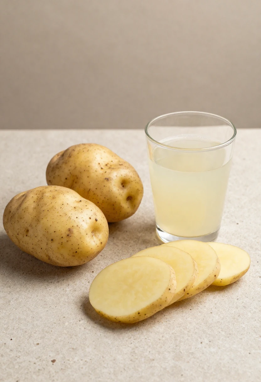 Two whole potatoes and several potato slices arranged near a glass of pale potato juice on a beige countertop.